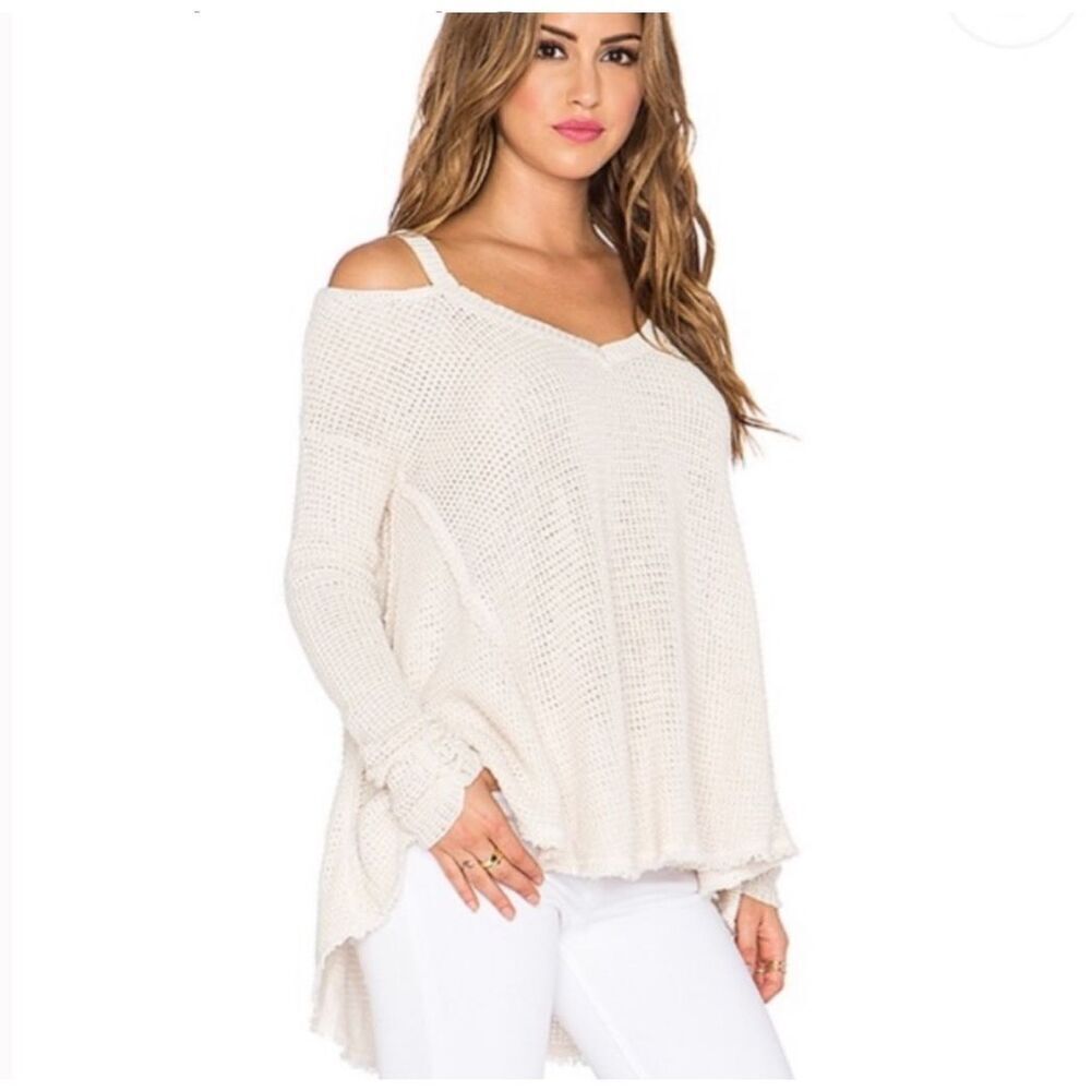 Free People Womens Sunrise Cold Shoulder Waffle Knit Sweater Cream Size XS
